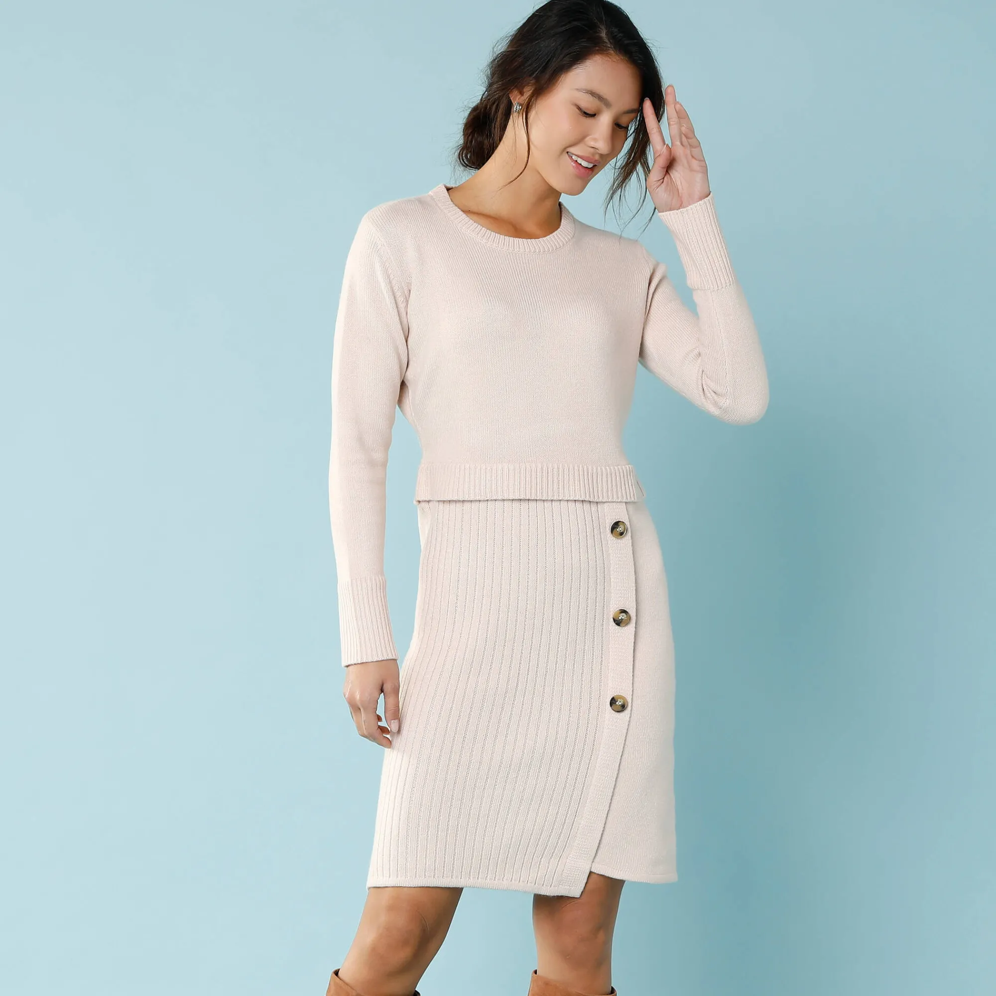 Jurk<Blancheporte Trui-jurk in wikkelstijl, kleine lengtes beige