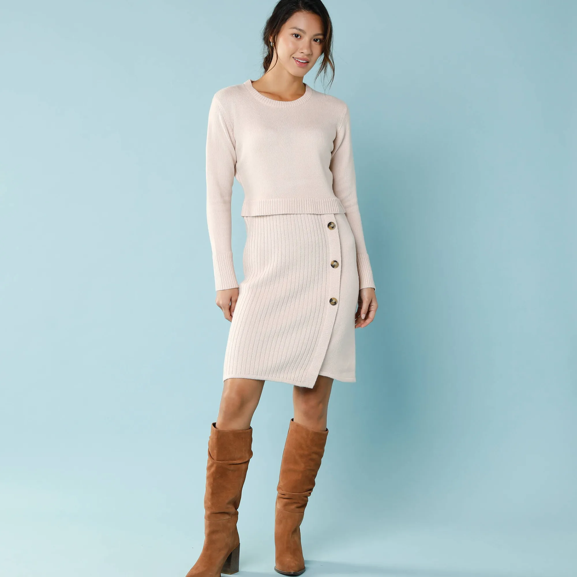 Jurk<Blancheporte Trui-jurk in wikkelstijl, kleine lengtes beige