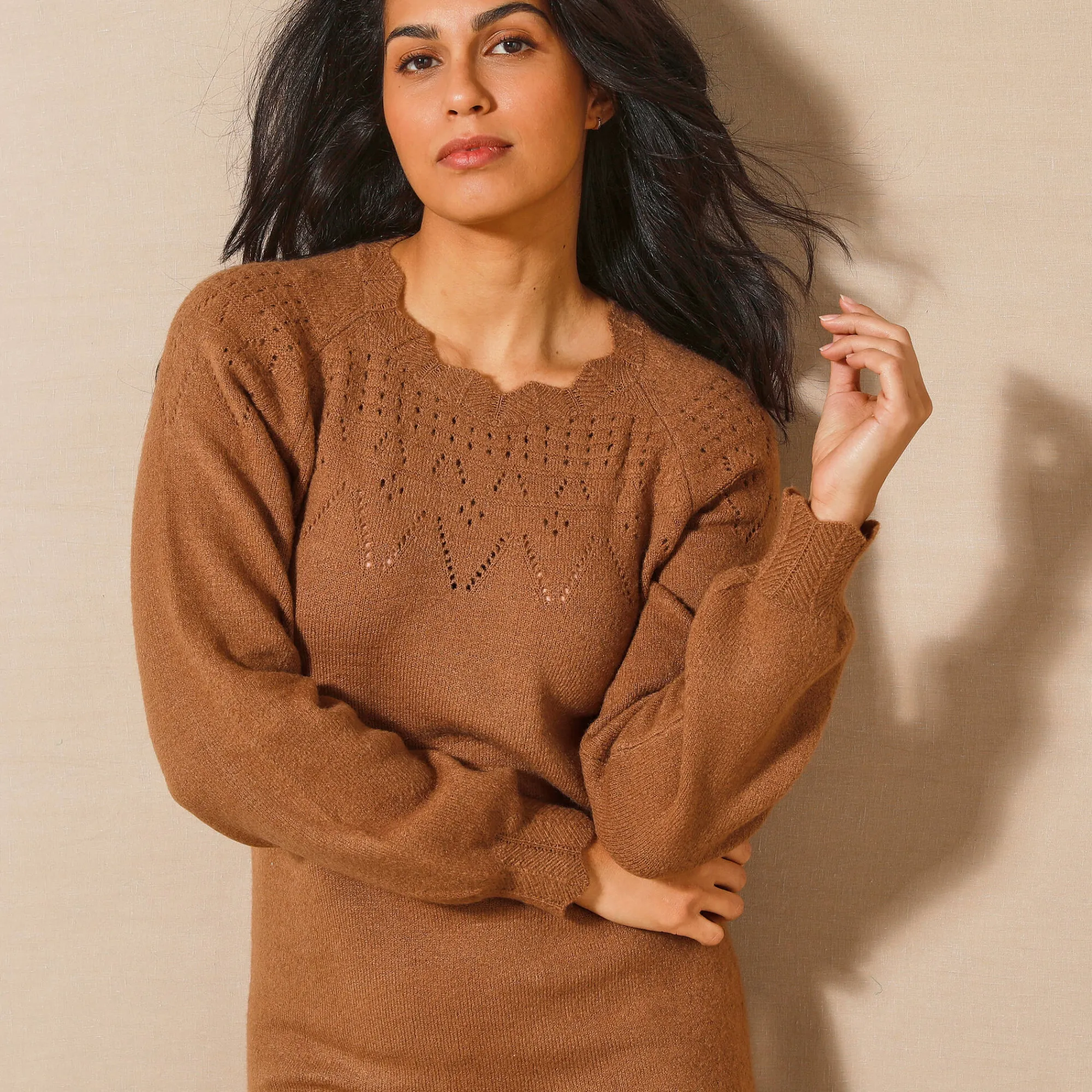 Jurk<Blancheporte Trui-jurk met geschulpte afwerking, fantasietricot hazelnootbruin