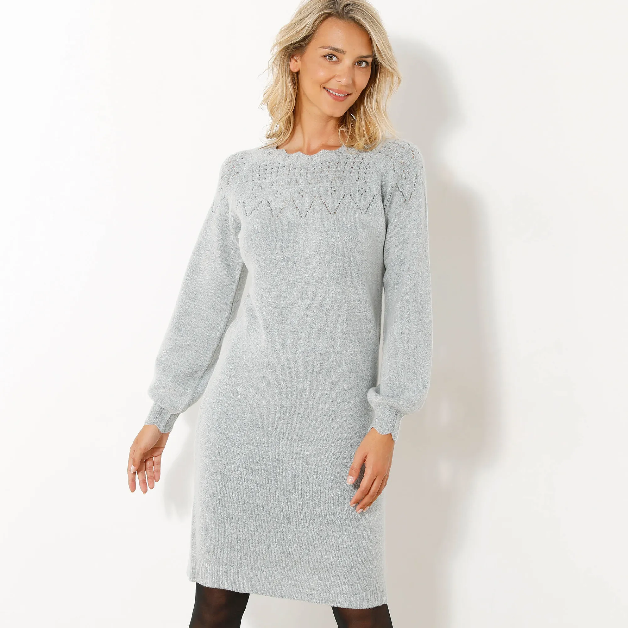 Jurk<Blancheporte Trui-jurk met geschulpte afwerking, fantasietricot chiné grijs