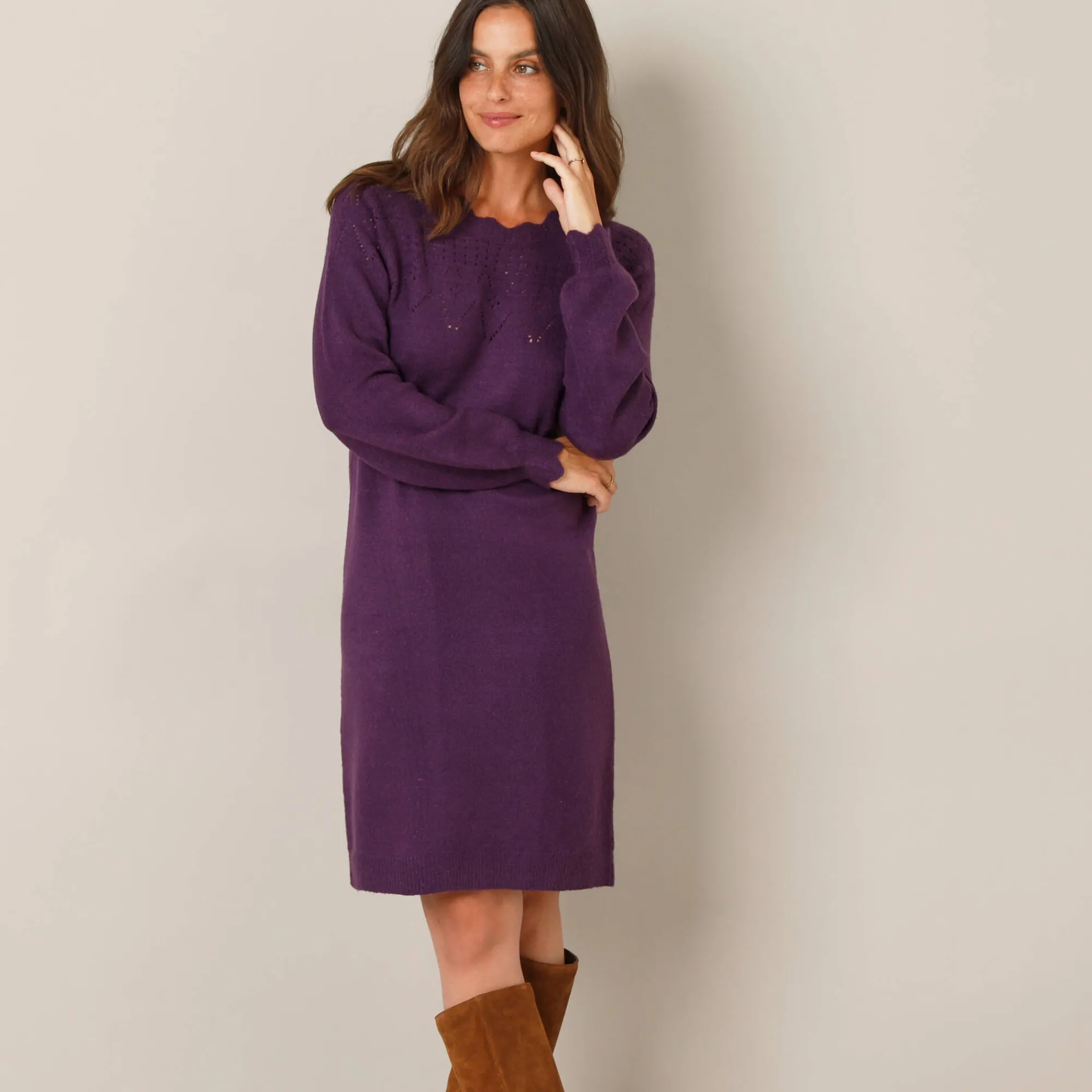 Jurk<Blancheporte Trui-jurk met geschulpte afwerking, fantasietricot pruim