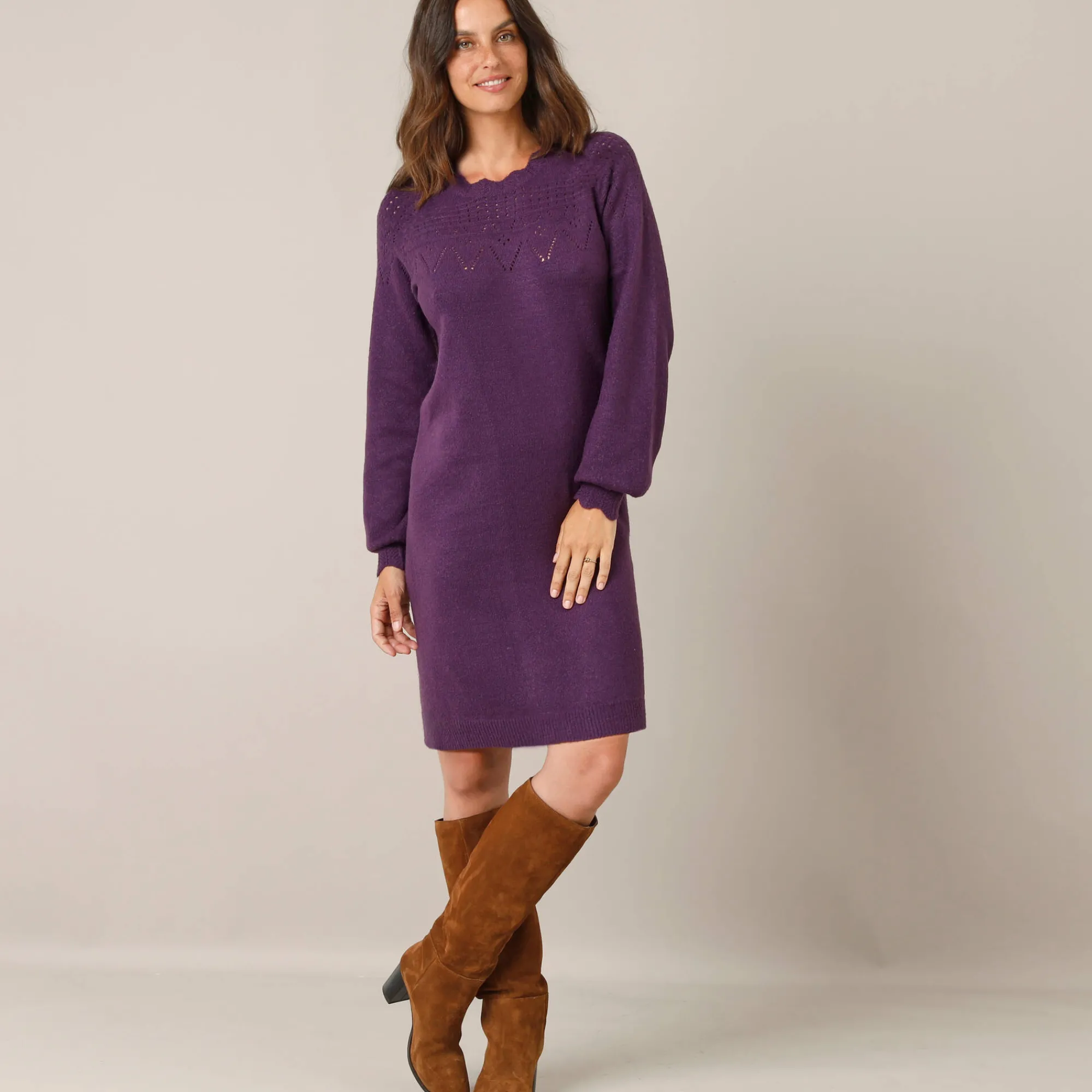 Jurk<Blancheporte Trui-jurk met geschulpte afwerking, fantasietricot pruim