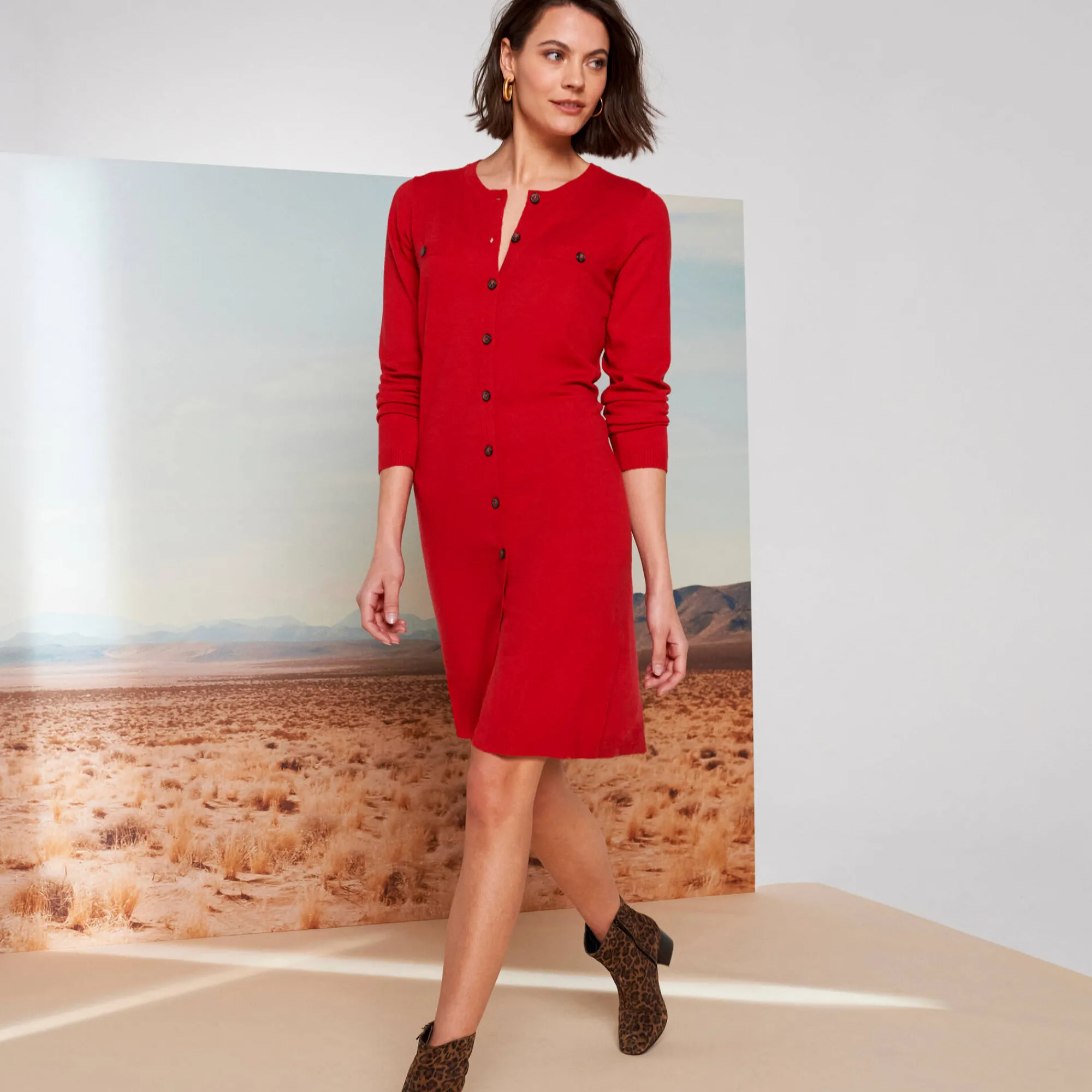 Jurk<Blancheporte Trui-jurk met knoopsluiting, lange mouwen donkerrood