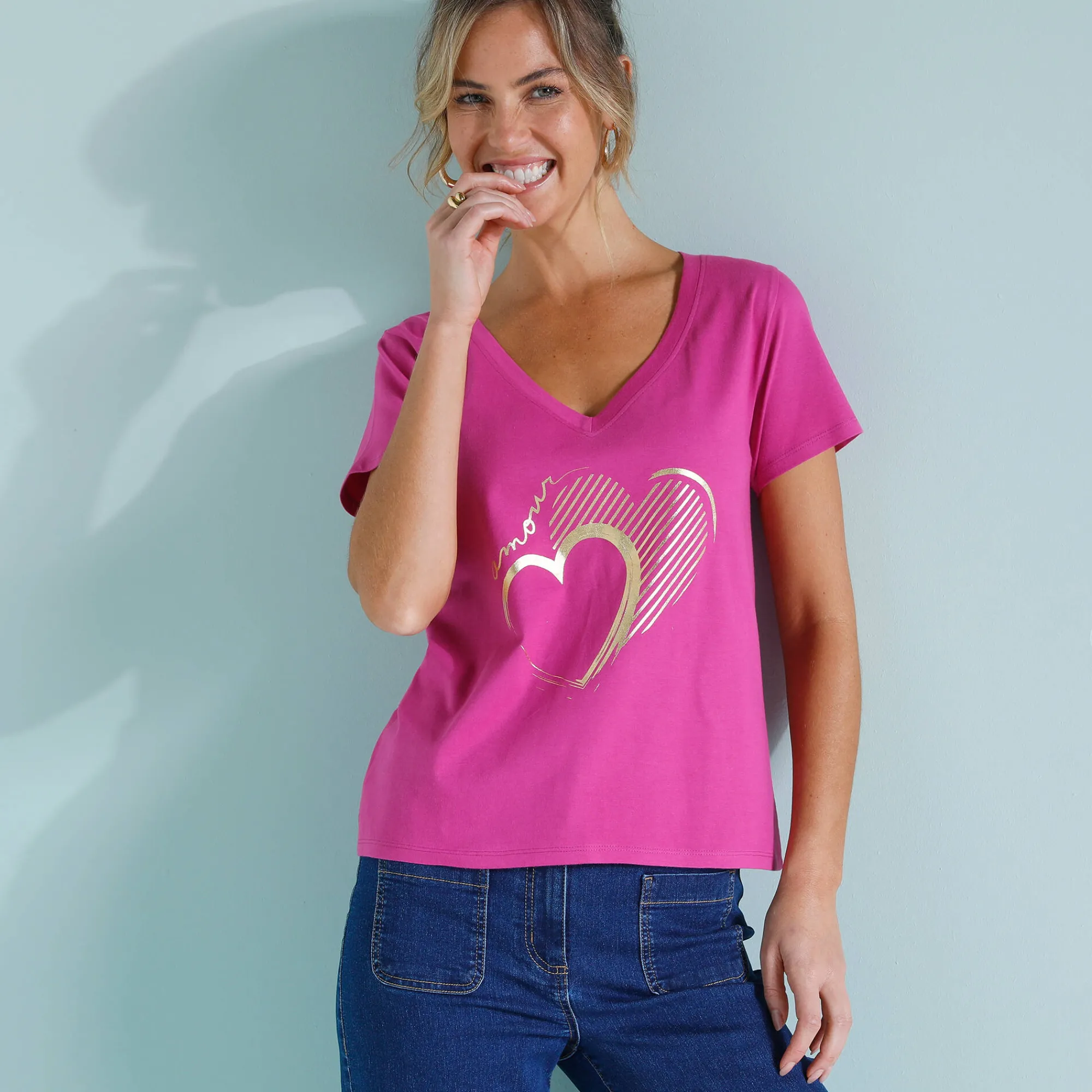T-Shirt En Topje<Blancheporte T-shirt col V imprimé doré Indisch roze