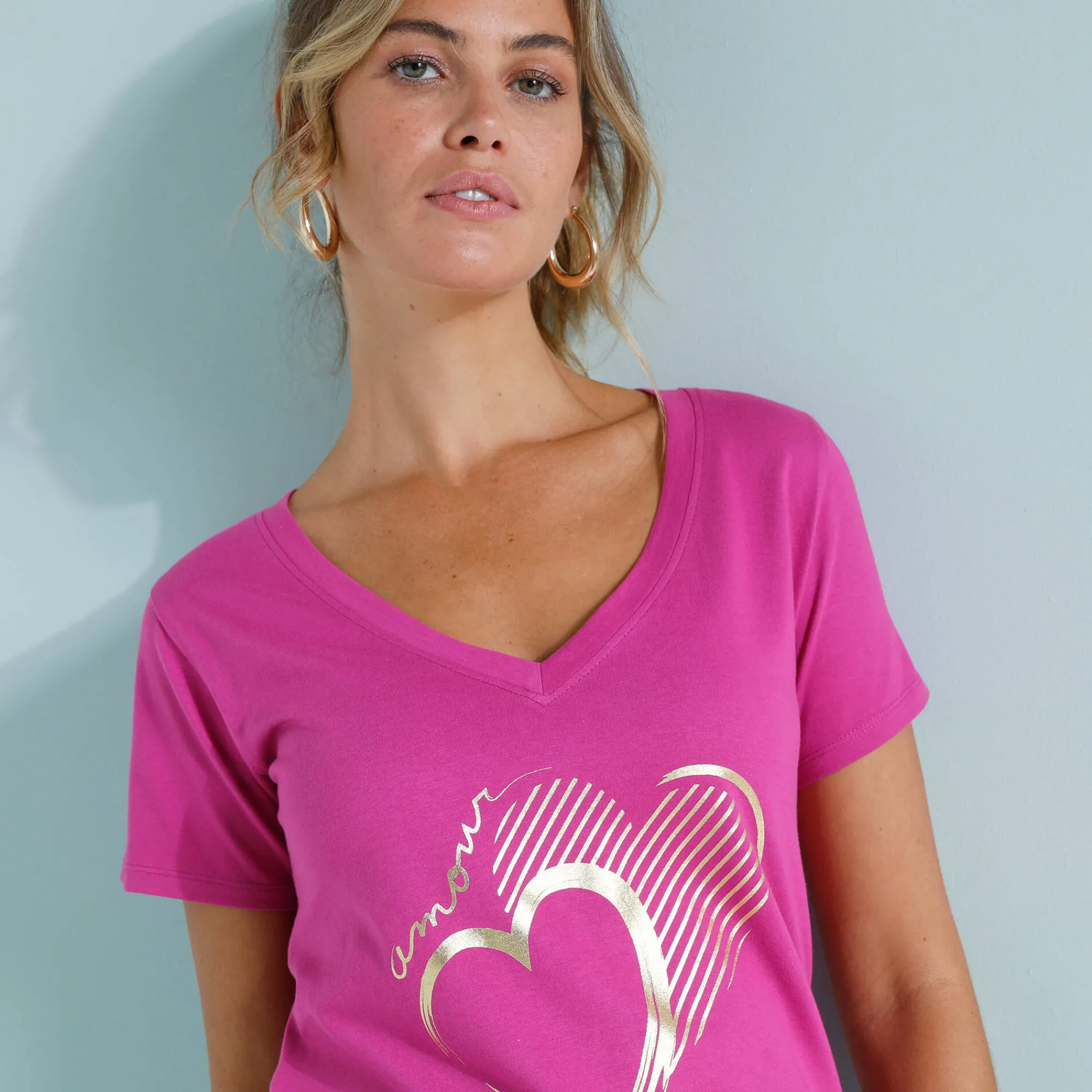 T-Shirt En Topje<Blancheporte T-shirt col V imprimé doré Indisch roze