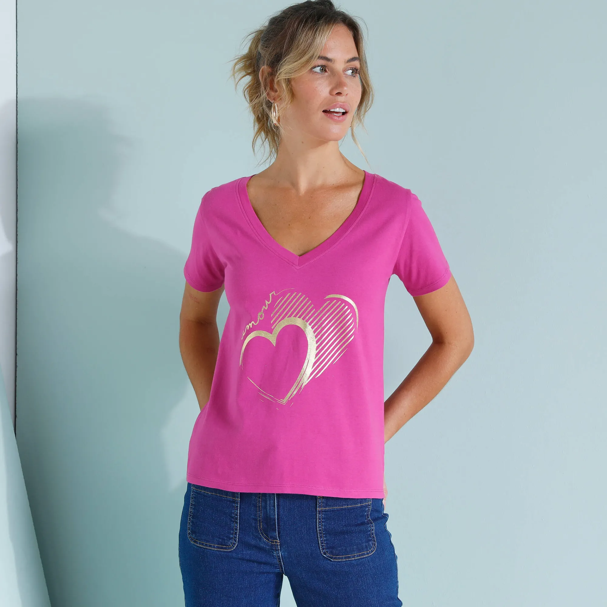 T-Shirt En Topje<Blancheporte T-shirt col V imprimé doré Indisch roze