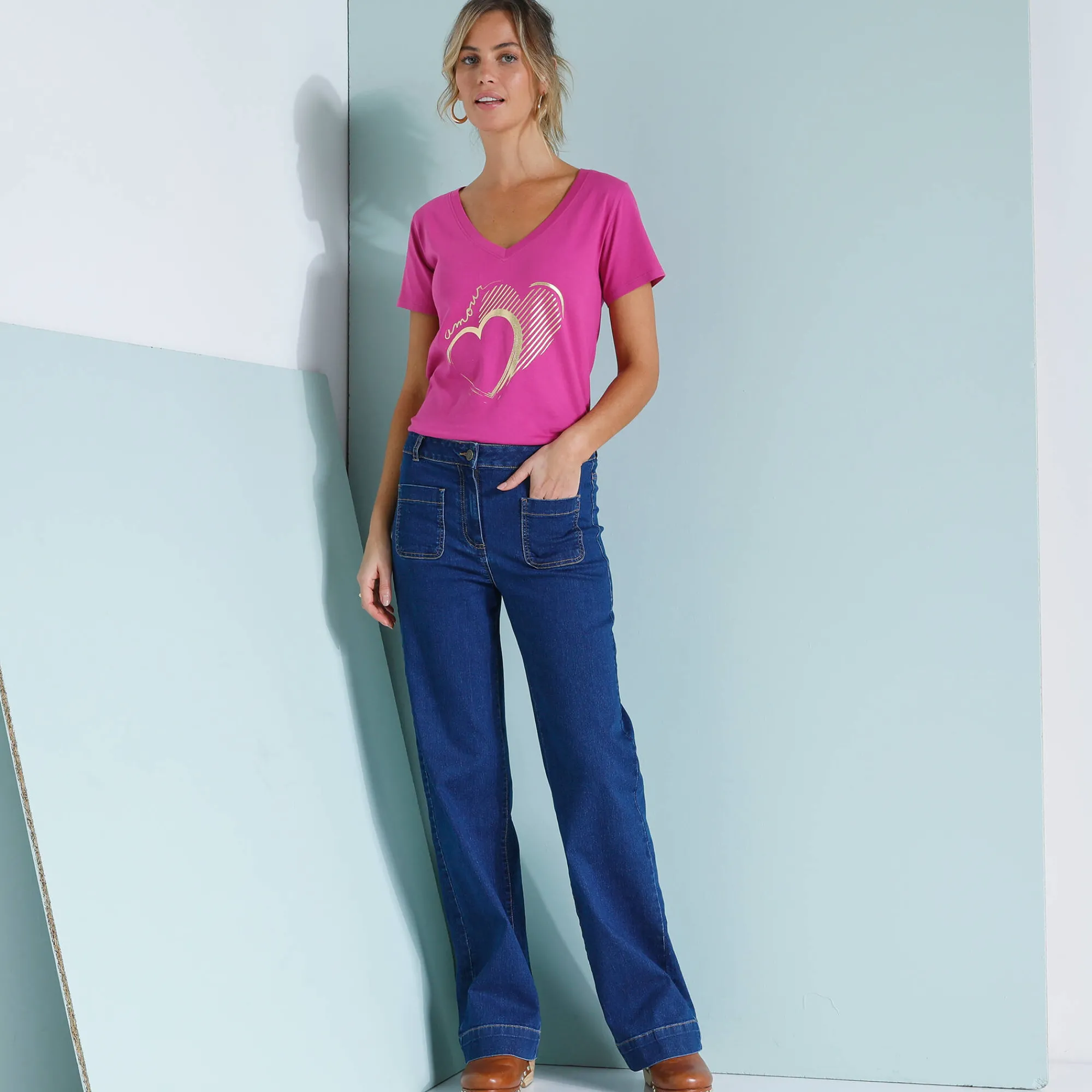 T-Shirt En Topje<Blancheporte T-shirt col V imprimé doré Indisch roze