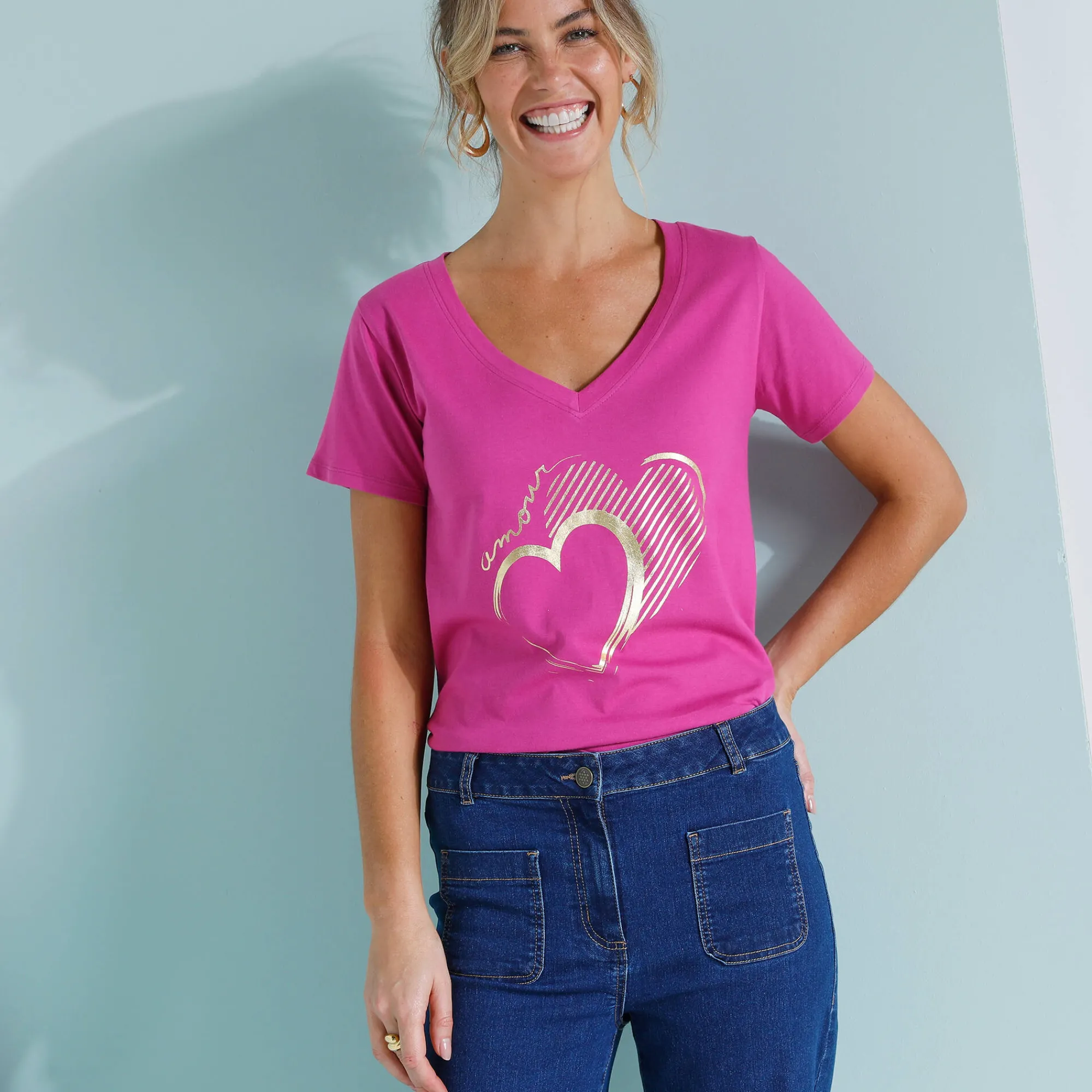 T-Shirt En Topje<Blancheporte T-shirt col V imprimé doré Indisch roze
