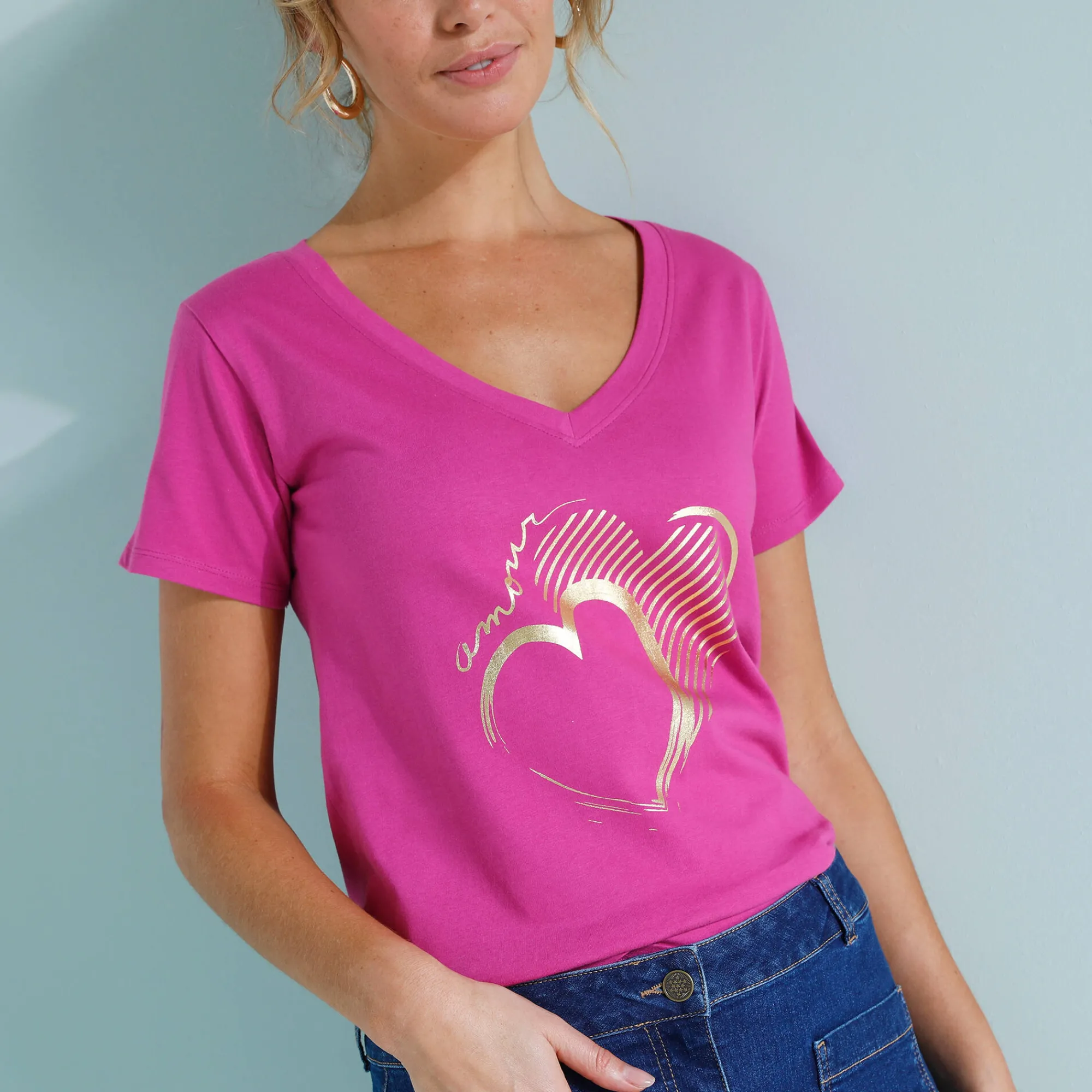 T-Shirt En Topje<Blancheporte T-shirt col V imprimé doré Indisch roze