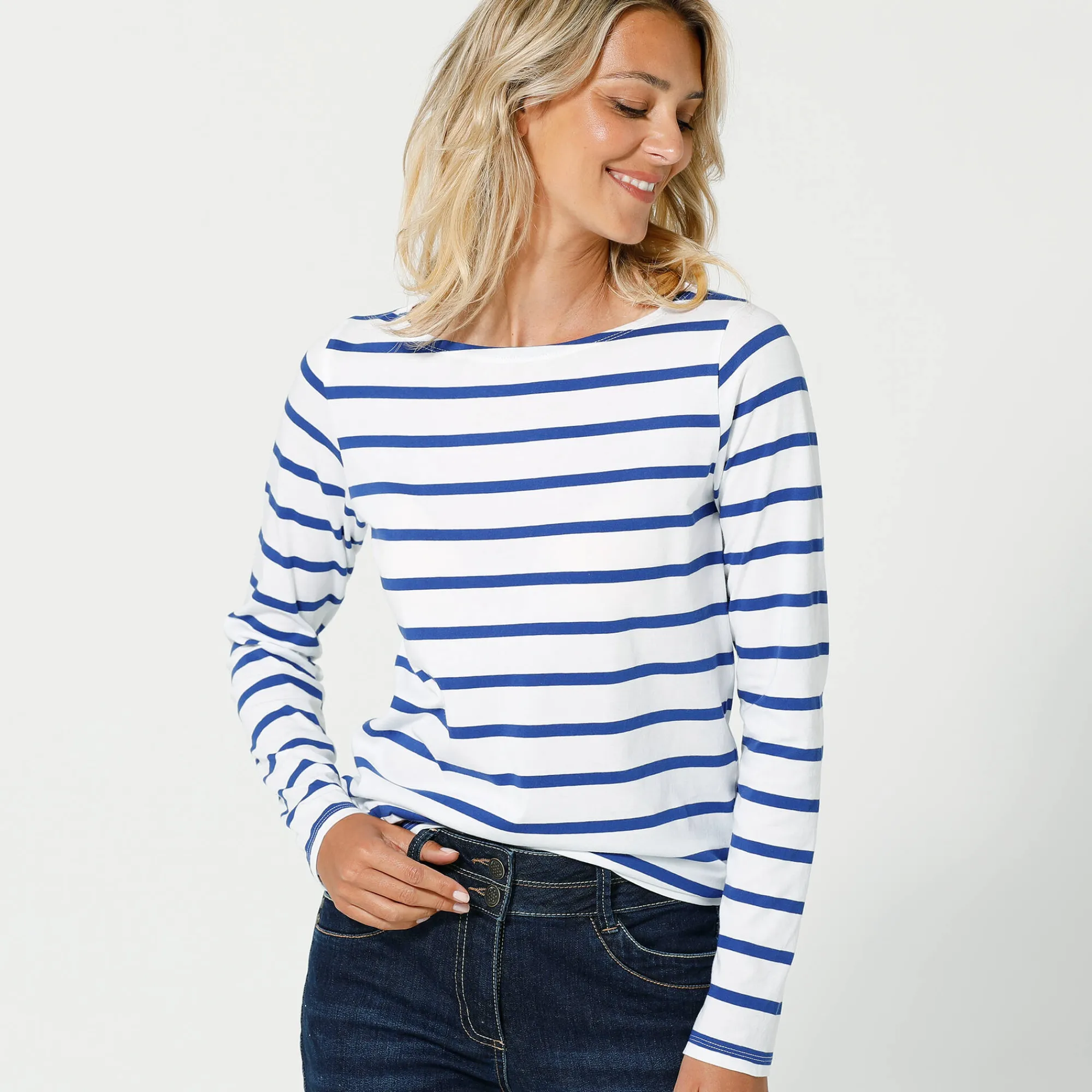 T-Shirt En Topje<Blancheporte T-shirt in biokatoen met lange mouwen en marinestrepen wit / blauw