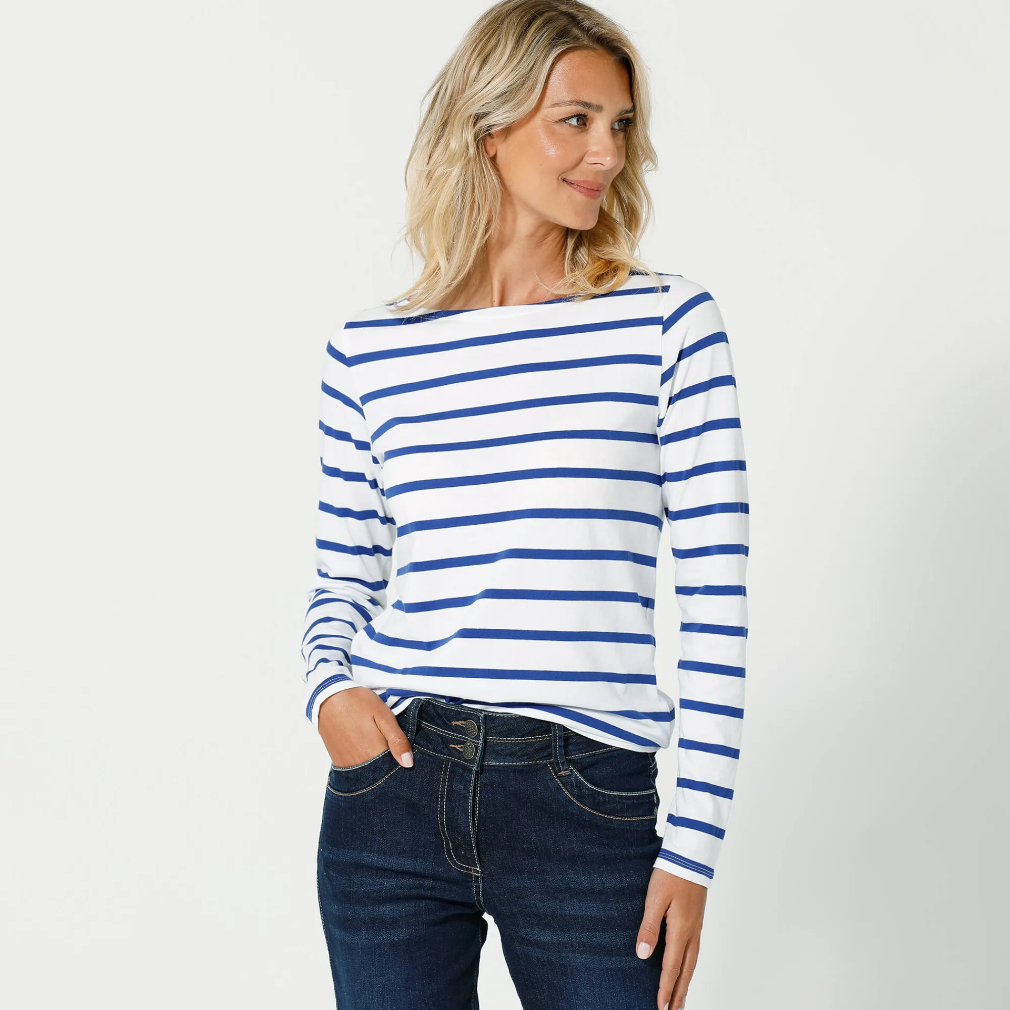 T-Shirt En Topje<Blancheporte T-shirt in biokatoen met lange mouwen en marinestrepen wit / blauw