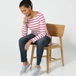 T-Shirt En Topje<Blancheporte T-shirt in biokatoen met lange mouwen en marinestrepen wit / framboos