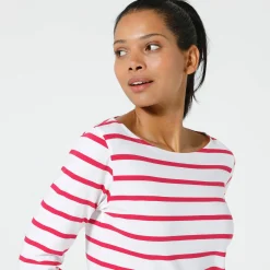 T-Shirt En Topje<Blancheporte T-shirt in biokatoen met lange mouwen en marinestrepen wit / framboos