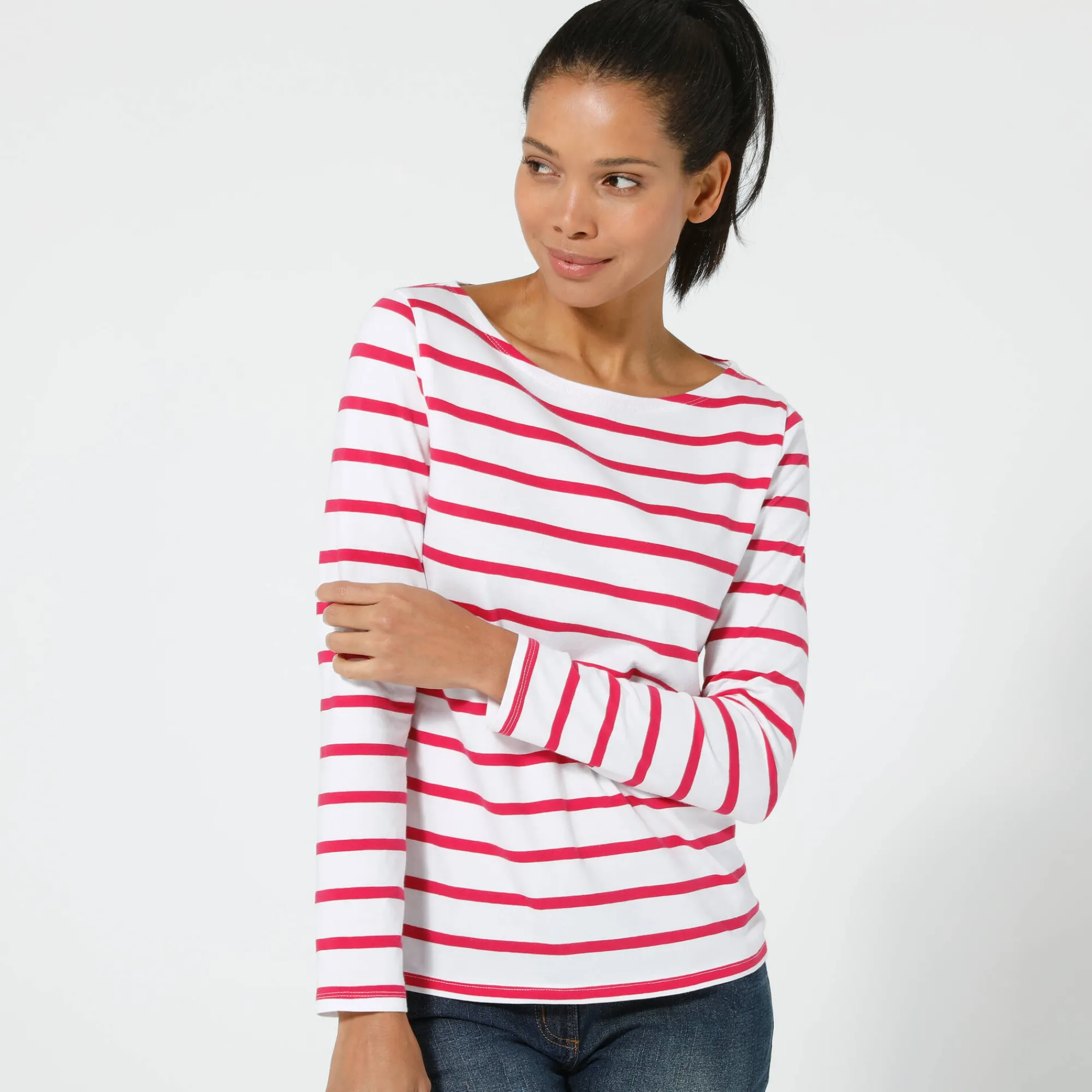 T-Shirt En Topje<Blancheporte T-shirt in biokatoen met lange mouwen en marinestrepen wit / framboos