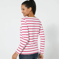 T-Shirt En Topje<Blancheporte T-shirt in biokatoen met lange mouwen en marinestrepen wit / framboos