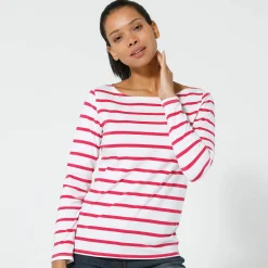 T-Shirt En Topje<Blancheporte T-shirt in biokatoen met lange mouwen en marinestrepen wit / framboos