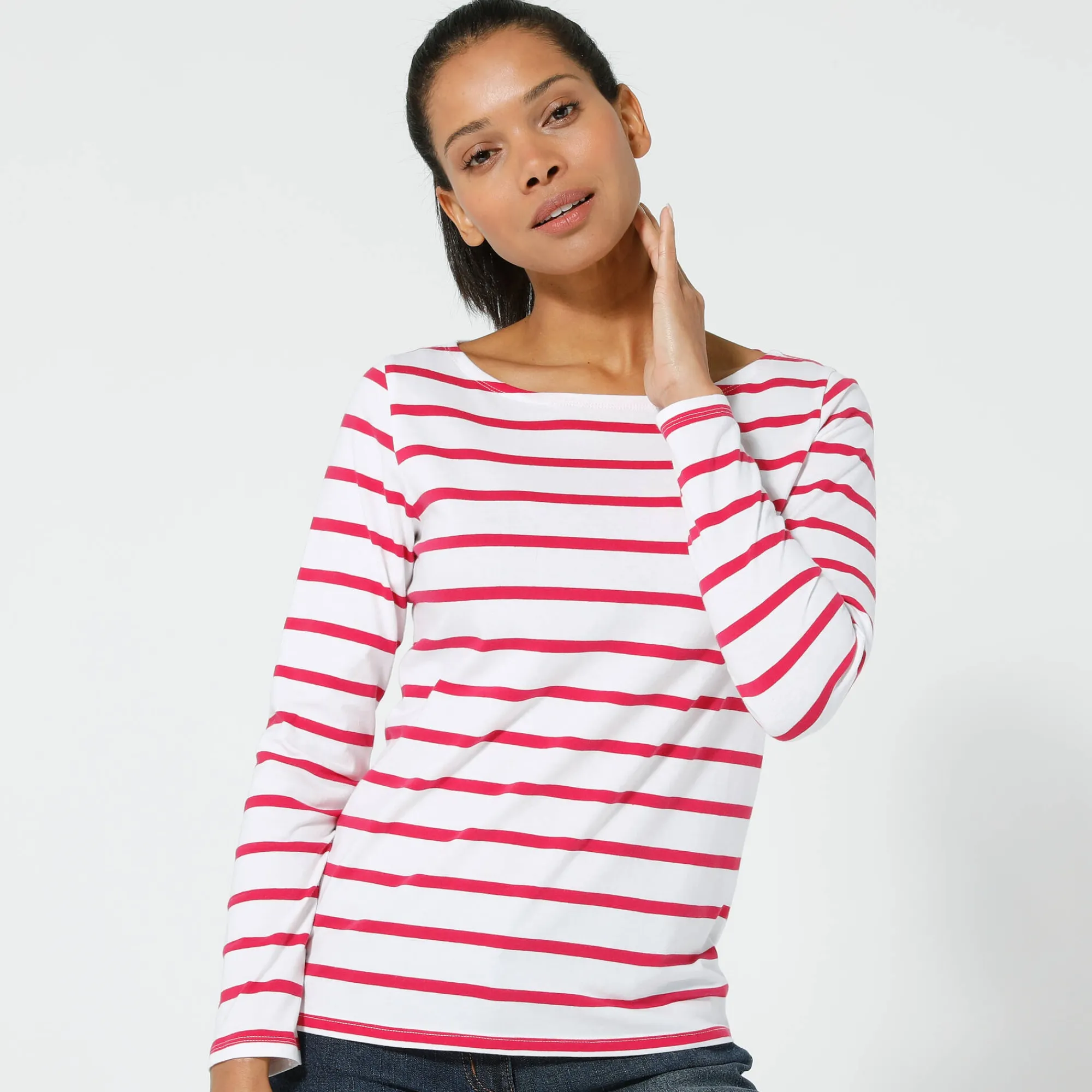 T-Shirt En Topje<Blancheporte T-shirt in biokatoen met lange mouwen en marinestrepen wit / framboos