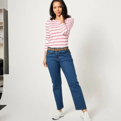 T-Shirt En Topje<Blancheporte T-shirt in biokatoen met lange mouwen en marinestrepen wit / koraal