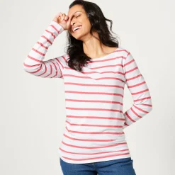 T-Shirt En Topje<Blancheporte T-shirt in biokatoen met lange mouwen en marinestrepen wit / koraal