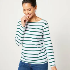 T-Shirt En Topje<Blancheporte T-shirt in biokatoen met lange mouwen en marinestrepen wit / groen