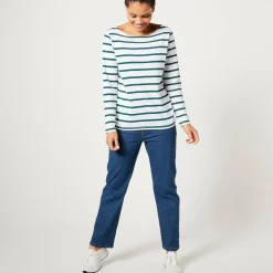 T-Shirt En Topje<Blancheporte T-shirt in biokatoen met lange mouwen en marinestrepen wit / groen