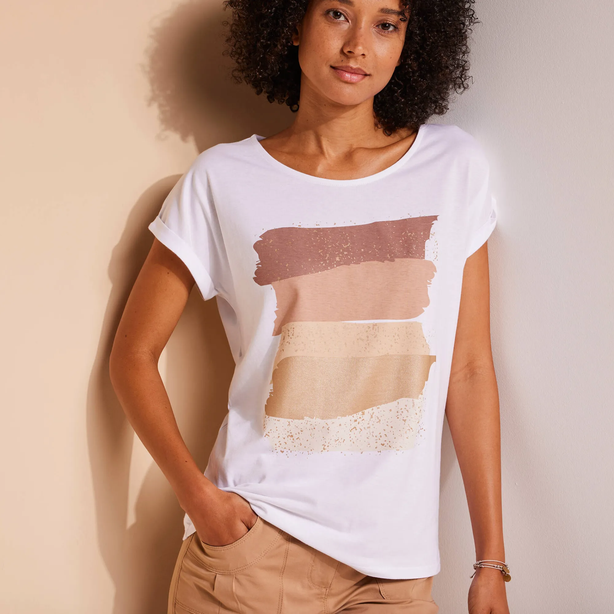 T-Shirt En Topje<Blancheporte T-shirt in fifties model met arty print, jerseytricot zandkleur