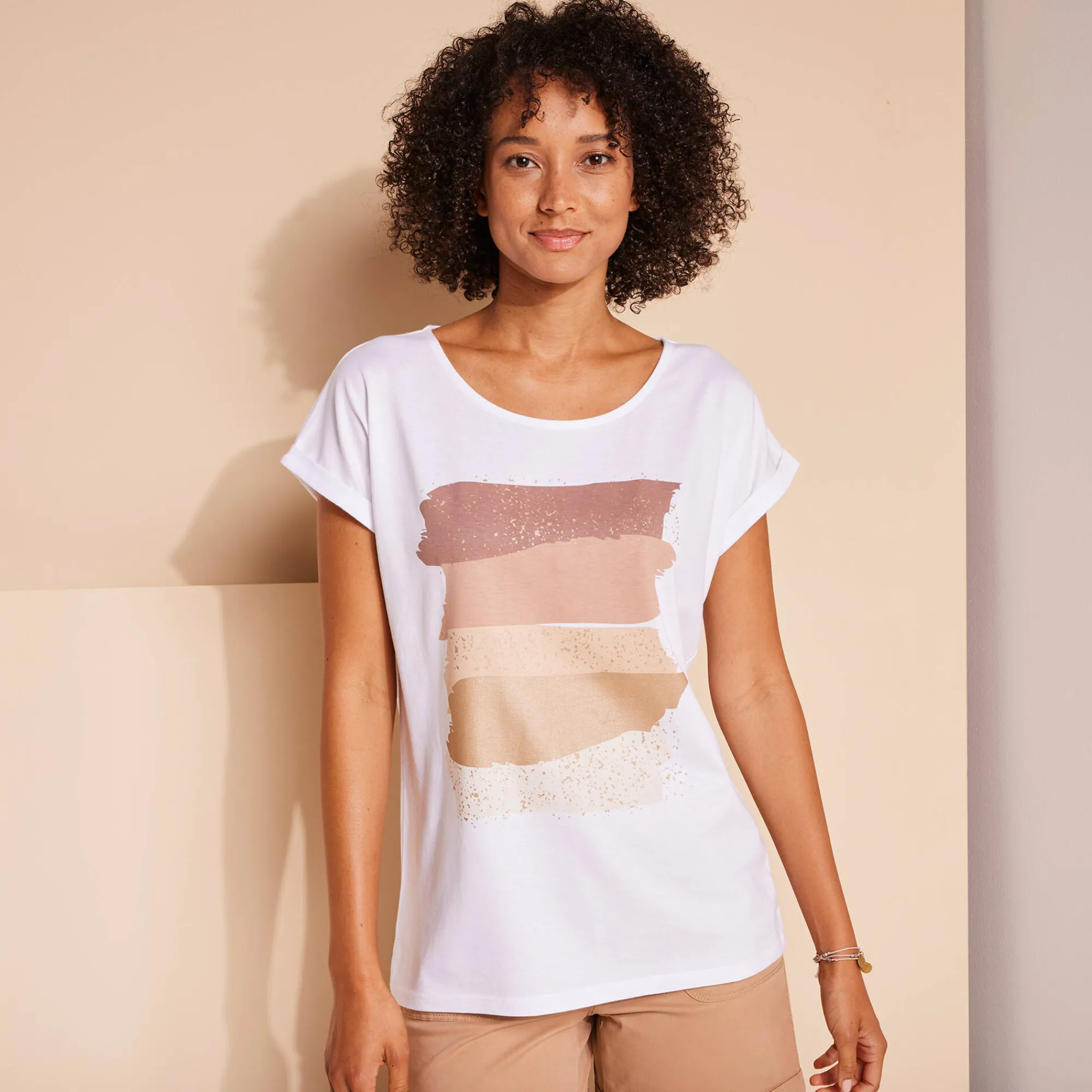 T-Shirt En Topje<Blancheporte T-shirt in fifties model met arty print, jerseytricot zandkleur