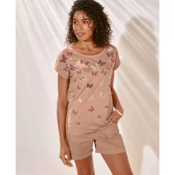 T-Shirt En Topje<Blancheporte T-shirt in fifties stijl, vlinderprint hazelnootbruin
