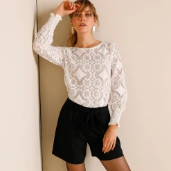 Feestoutfits Dames|T-Shirt En Topje<Blancheporte T-shirt in kant met lange bloezende mouwen ecru