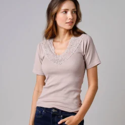 Thermisch Ondergoed<Blancheporte T-shirt in katoen en kant - set van 2 nerts