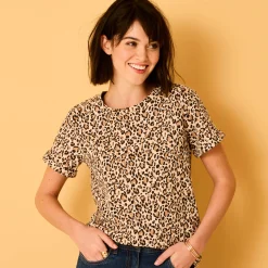 T-Shirt En Topje<Blancheporte T-shirt, korte mouwen met omslag, dierenhuidprint beige
