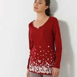 Pyjama<Blancheporte T-shirt met bloemenprint - lange mouwen kersenrood