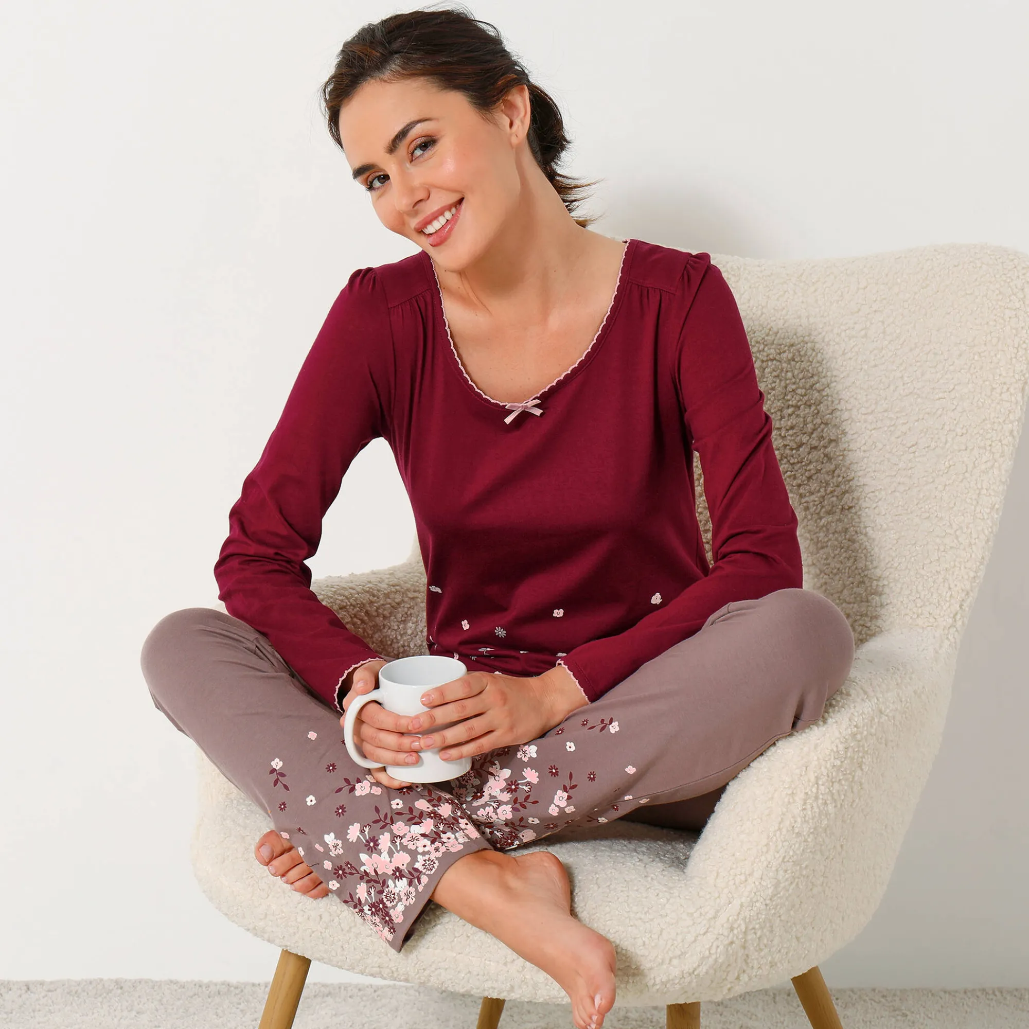 Pyjama<Blancheporte T-shirt met bloemenprint - lange mouwen kersenrood