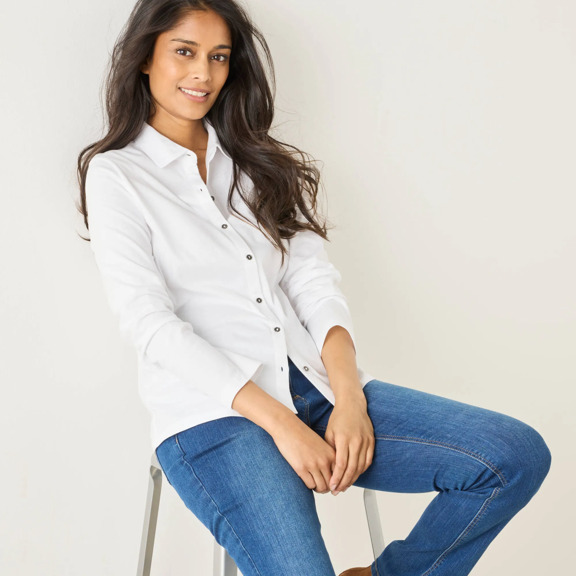T-Shirt En Topje<Blancheporte T-shirt met knopen, lange mouwen en polokraag wit