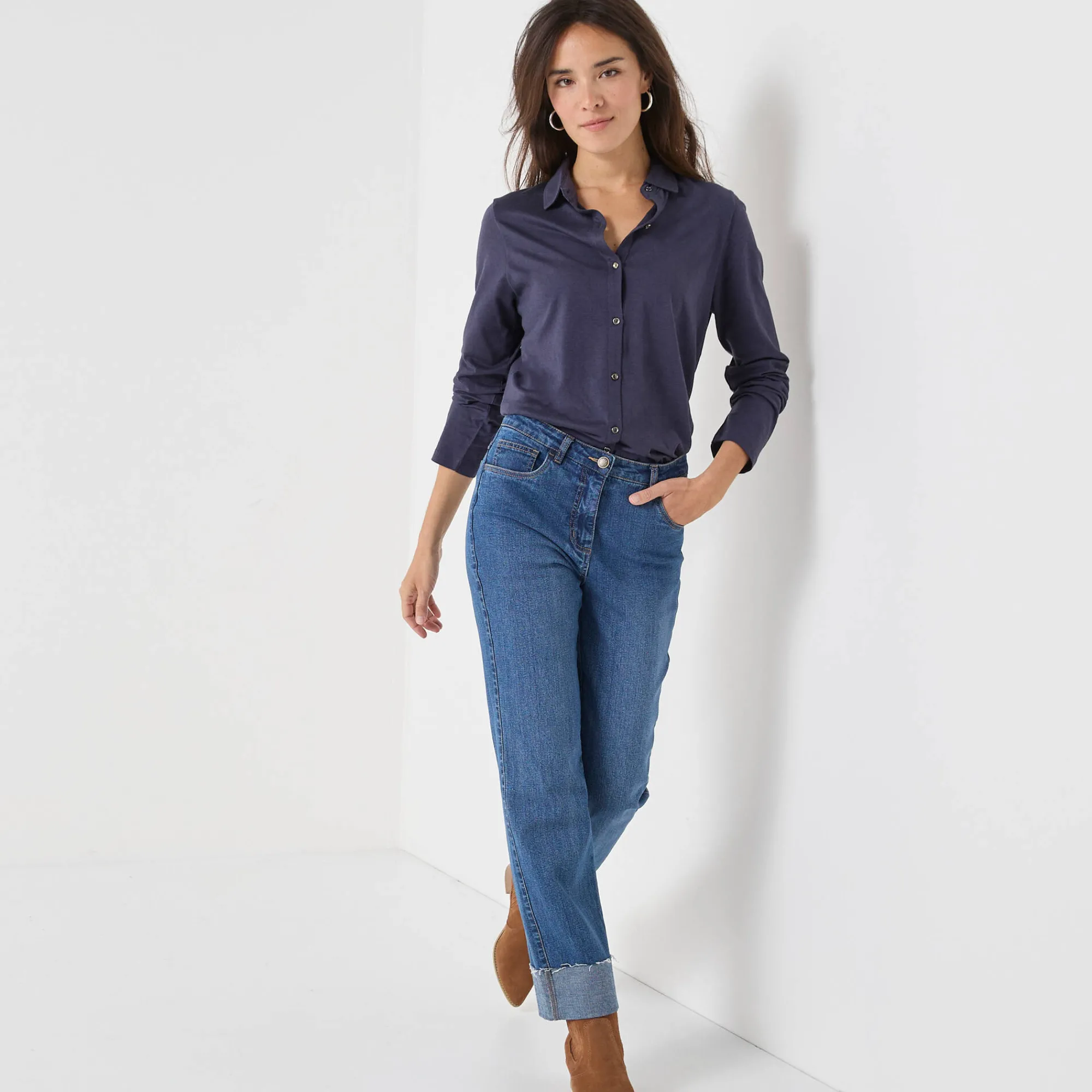 T-Shirt En Topje<Blancheporte T-shirt met knopen, lange mouwen en polokraag marine