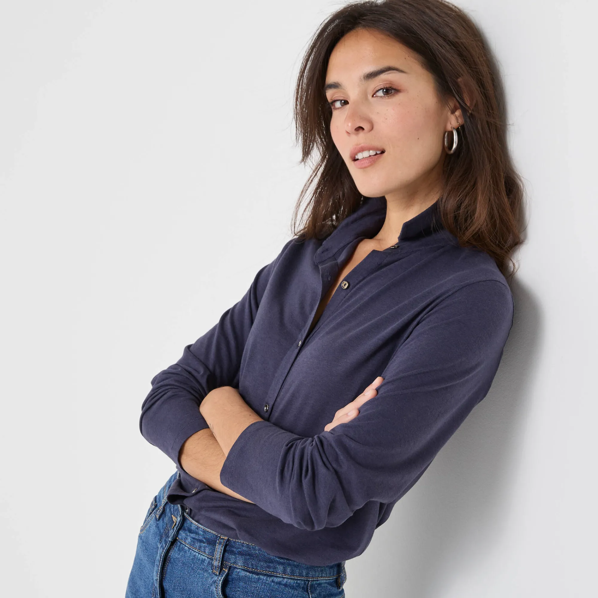 T-Shirt En Topje<Blancheporte T-shirt met knopen, lange mouwen en polokraag marine