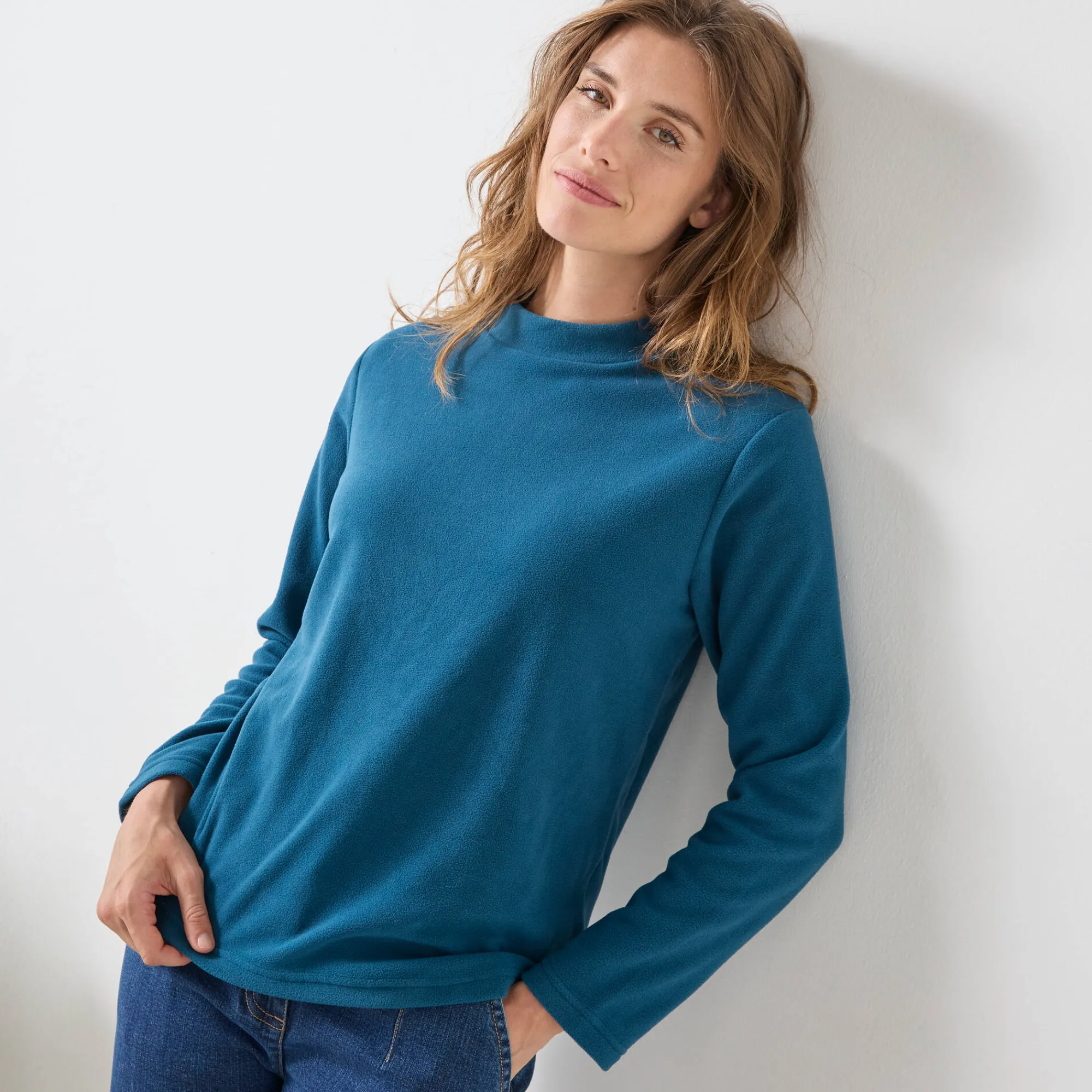 Thermisch Ondergoed<Blancheporte T-shirt met 'koker' kraag, in microfleece - intense warmte petroleumblauw