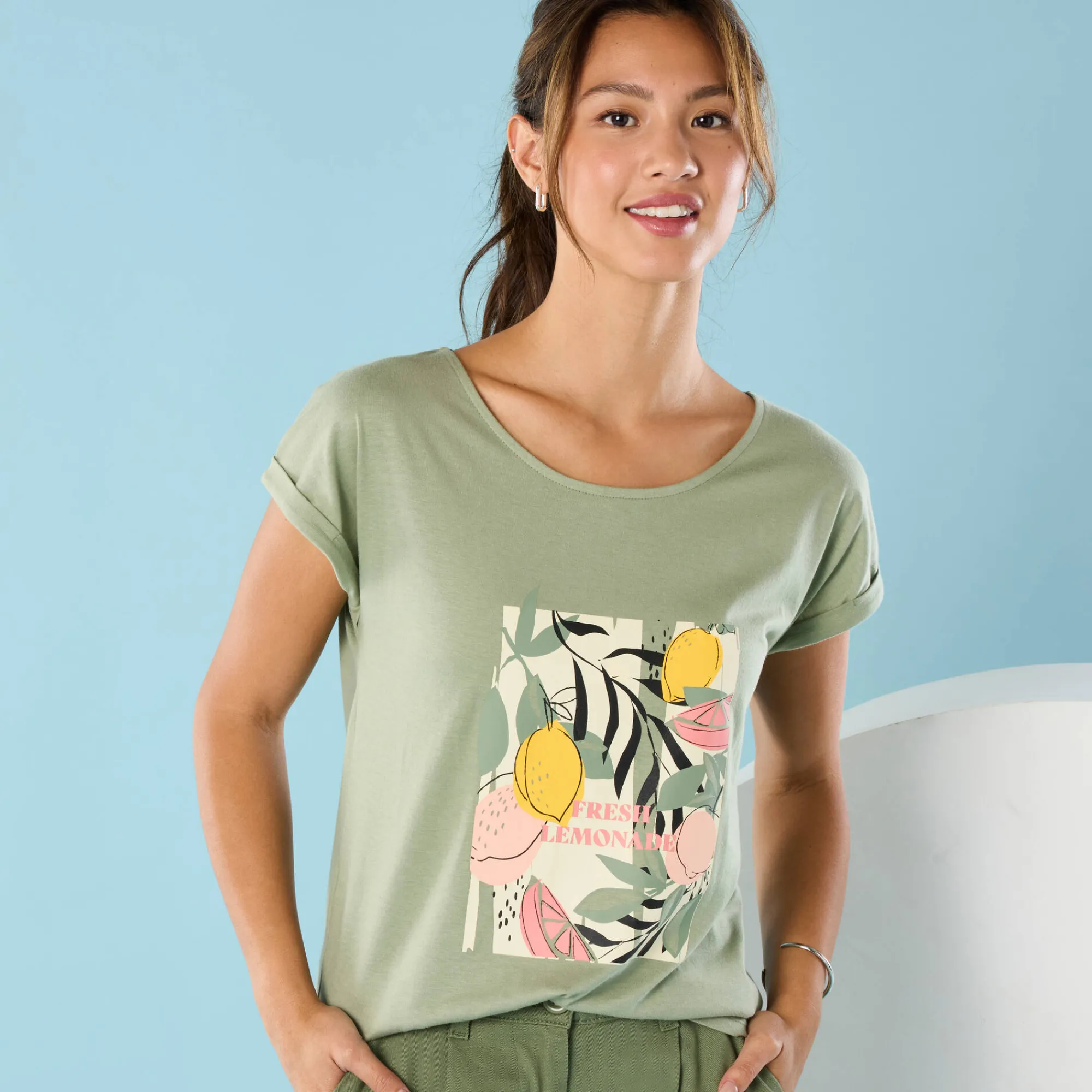 T-Shirt En Topje<Blancheporte T-shirt met korte mouwen en geplaatste print, Kleine Lengtes lindegroen