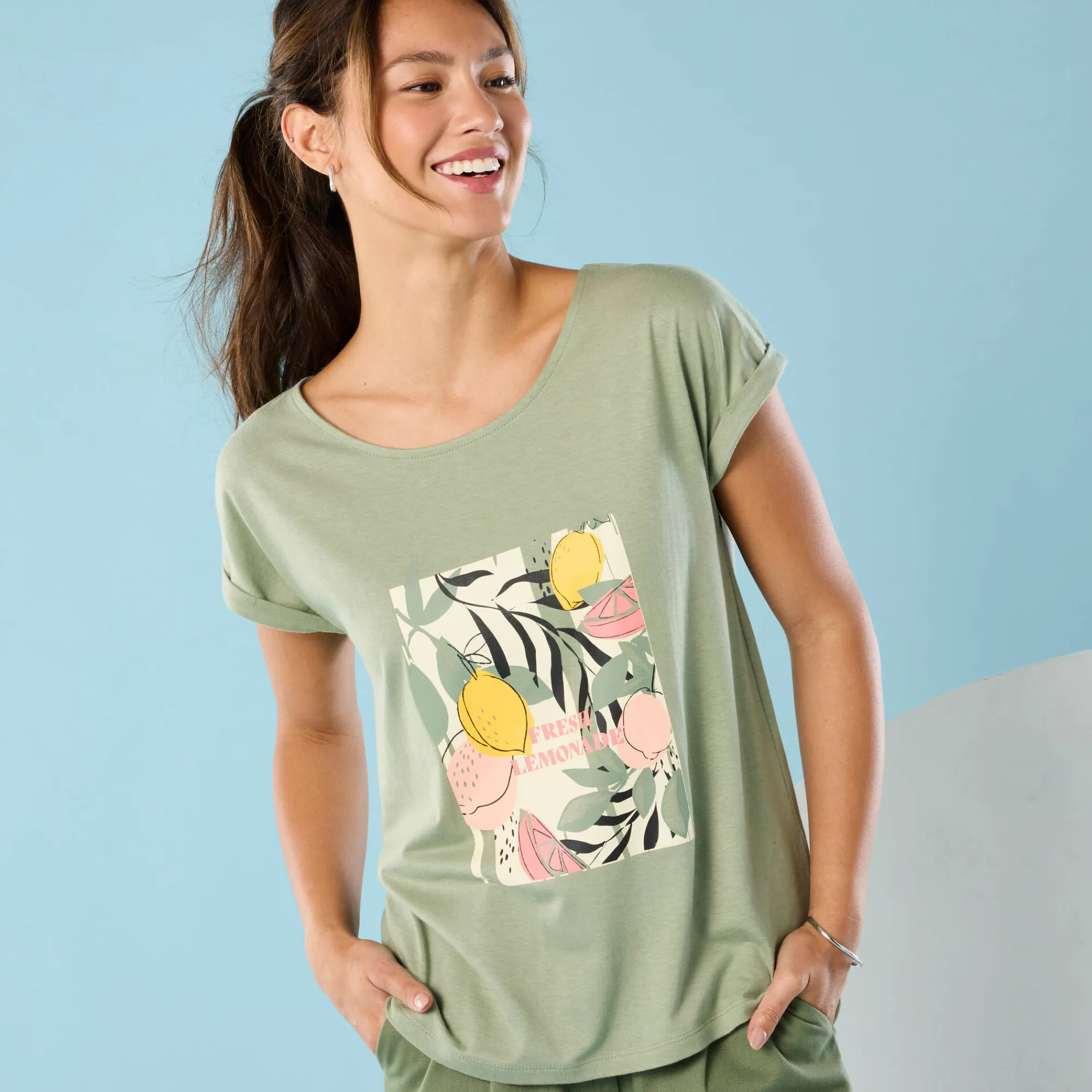 T-Shirt En Topje<Blancheporte T-shirt met korte mouwen en geplaatste print, Kleine Lengtes lindegroen