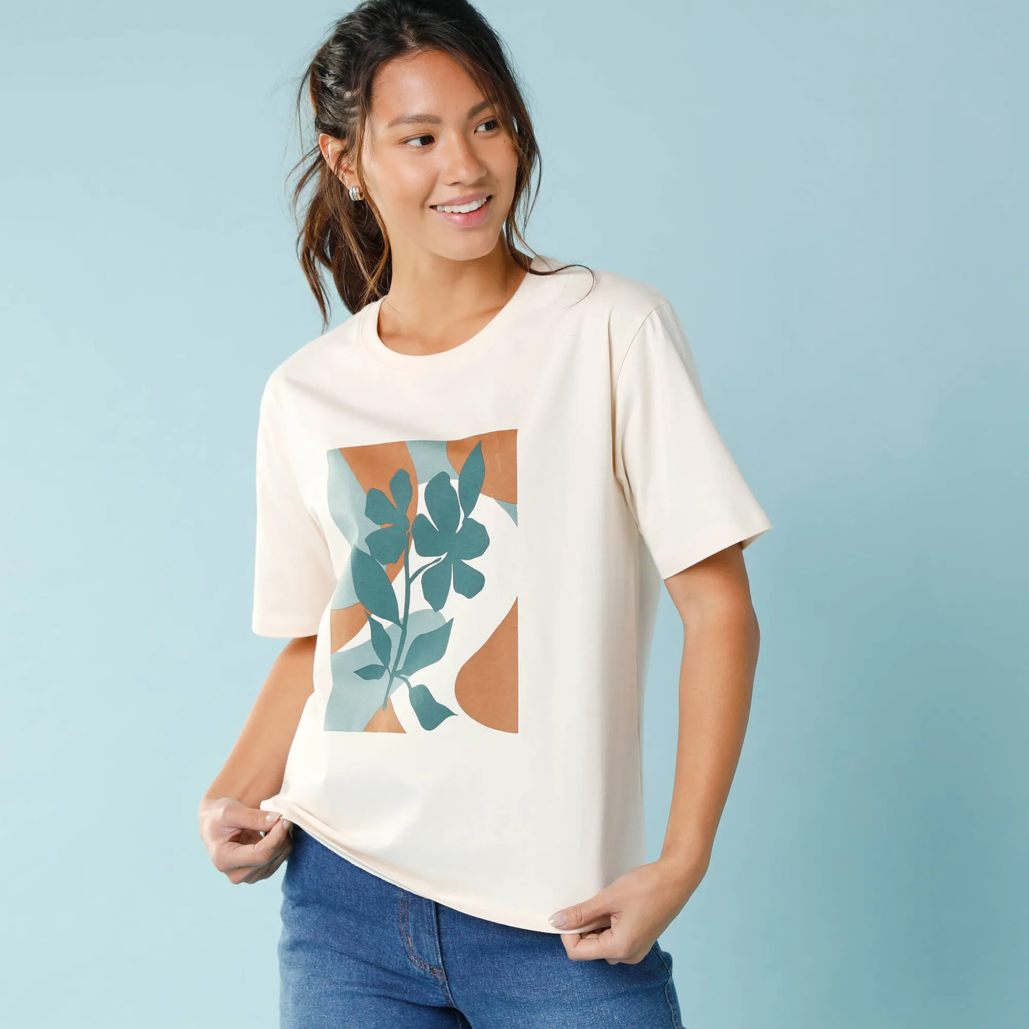 T-Shirt En Topje<Blancheporte T-shirt met korte mouwen en geplaatste print, kleine lengtes beige