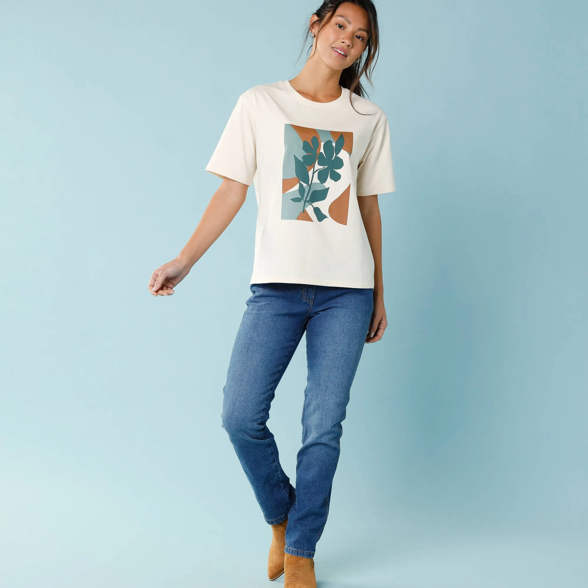 T-Shirt En Topje<Blancheporte T-shirt met korte mouwen en geplaatste print, kleine lengtes beige