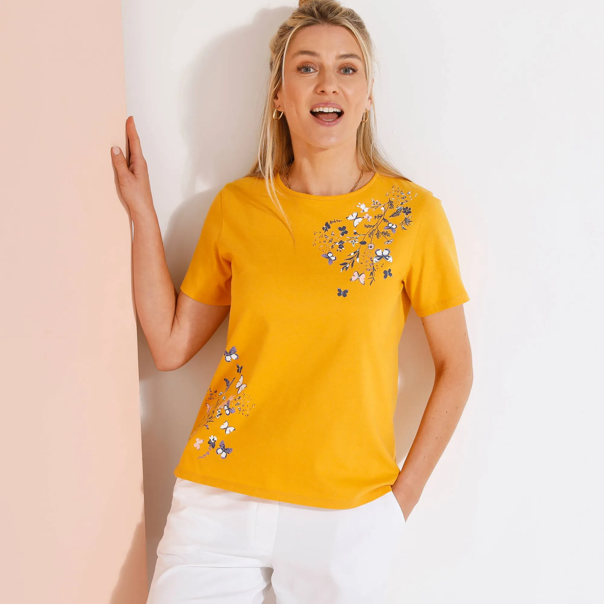 T-Shirt En Topje<Blancheporte T-shirt met korte mouwen en vlinderprint honing