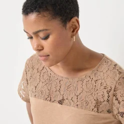 T-Shirt En Topje<Blancheporte T-shirt met korte mouwen in kant chiné hazelnootbruin