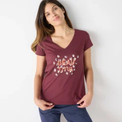 Pyjama<Blancheporte T-shirt met korte mouwen in effen katoen geplaatste "Beautiful" print bordeaux