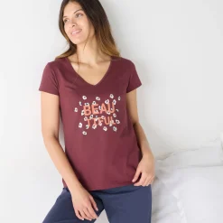 Pyjama<Blancheporte T-shirt met korte mouwen in effen katoen geplaatste "Beautiful" print bordeaux
