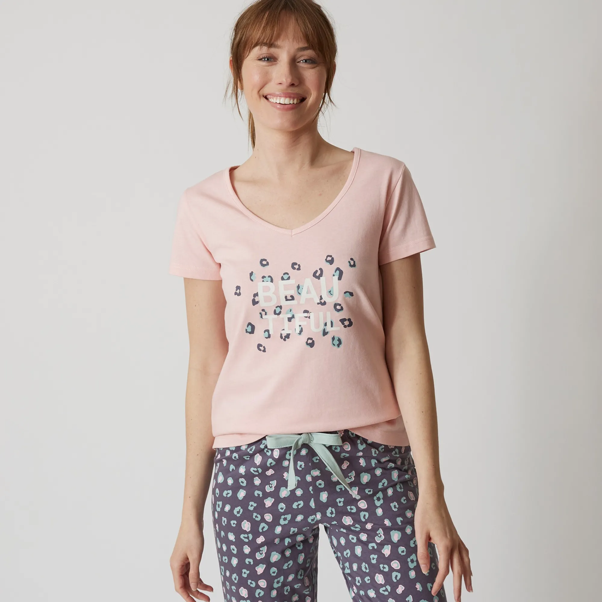 Pyjama<Blancheporte T-shirt met korte mouwen in effen katoen geplaatste "Beautiful" print roze
