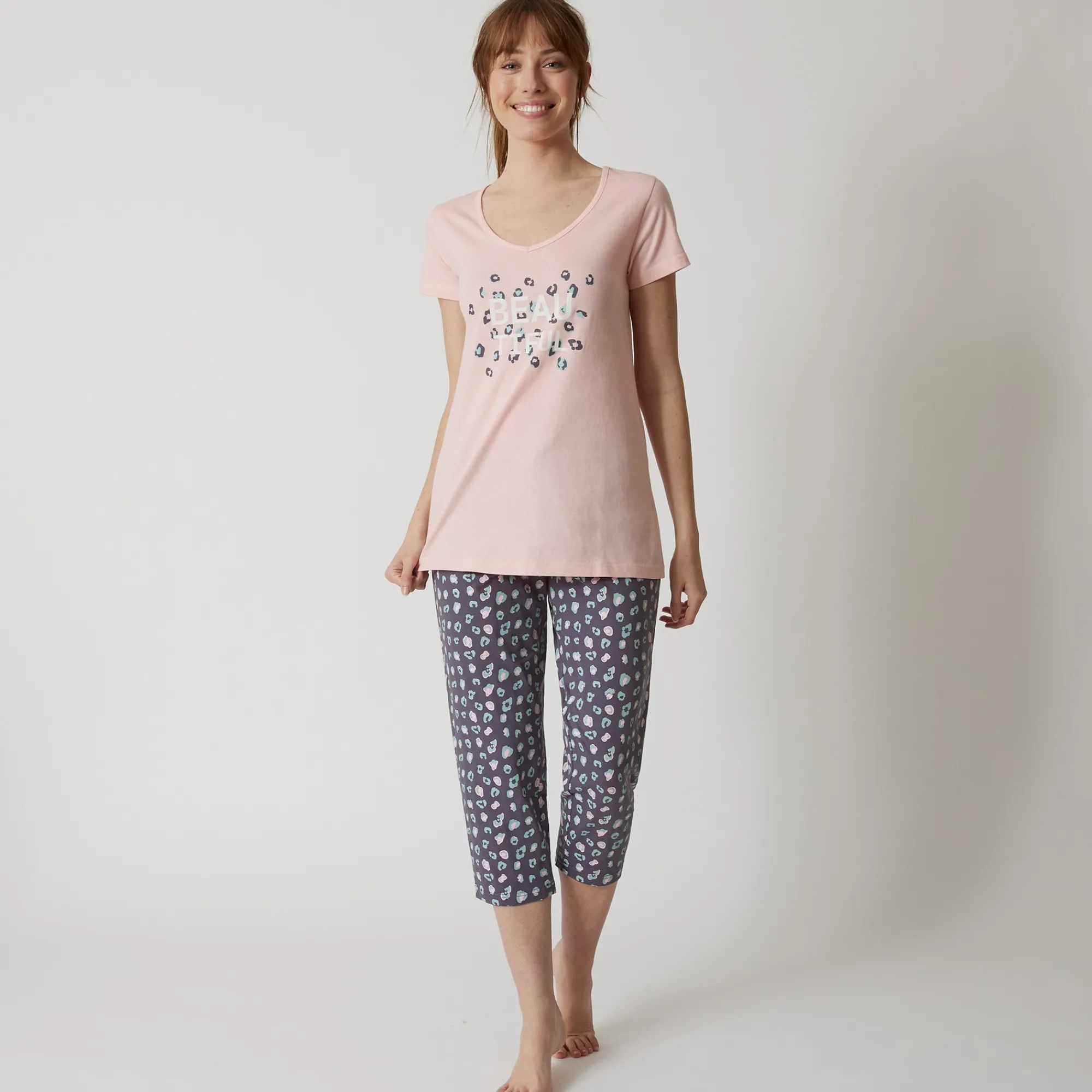 Pyjama<Blancheporte T-shirt met korte mouwen in effen katoen geplaatste "Beautiful" print roze