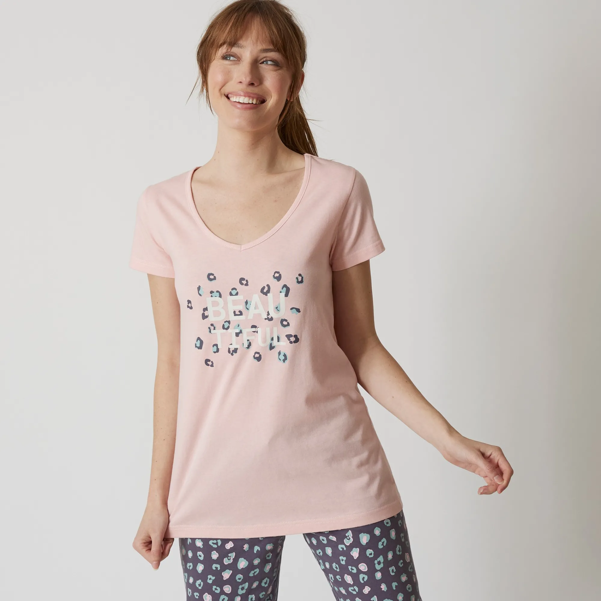 Pyjama<Blancheporte T-shirt met korte mouwen in effen katoen geplaatste "Beautiful" print roze