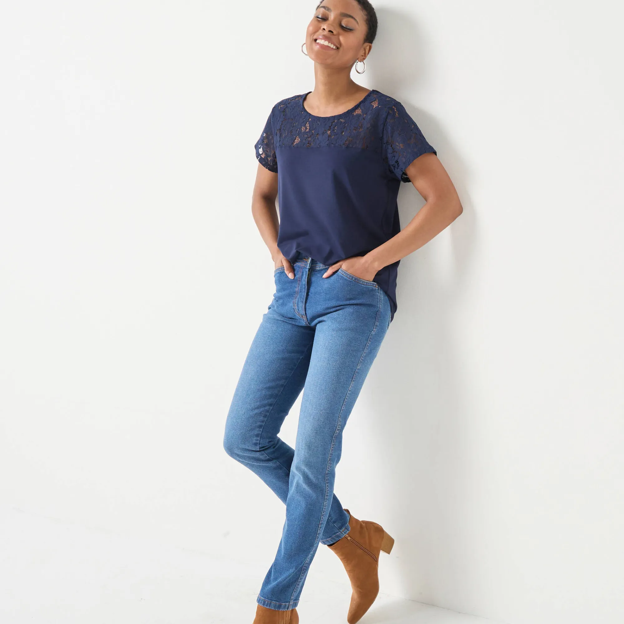 T-Shirt En Topje<Blancheporte T-shirt met korte mouwen in kant marine