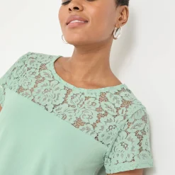 T-Shirt En Topje<Blancheporte T-shirt met korte mouwen in kant amandel groen